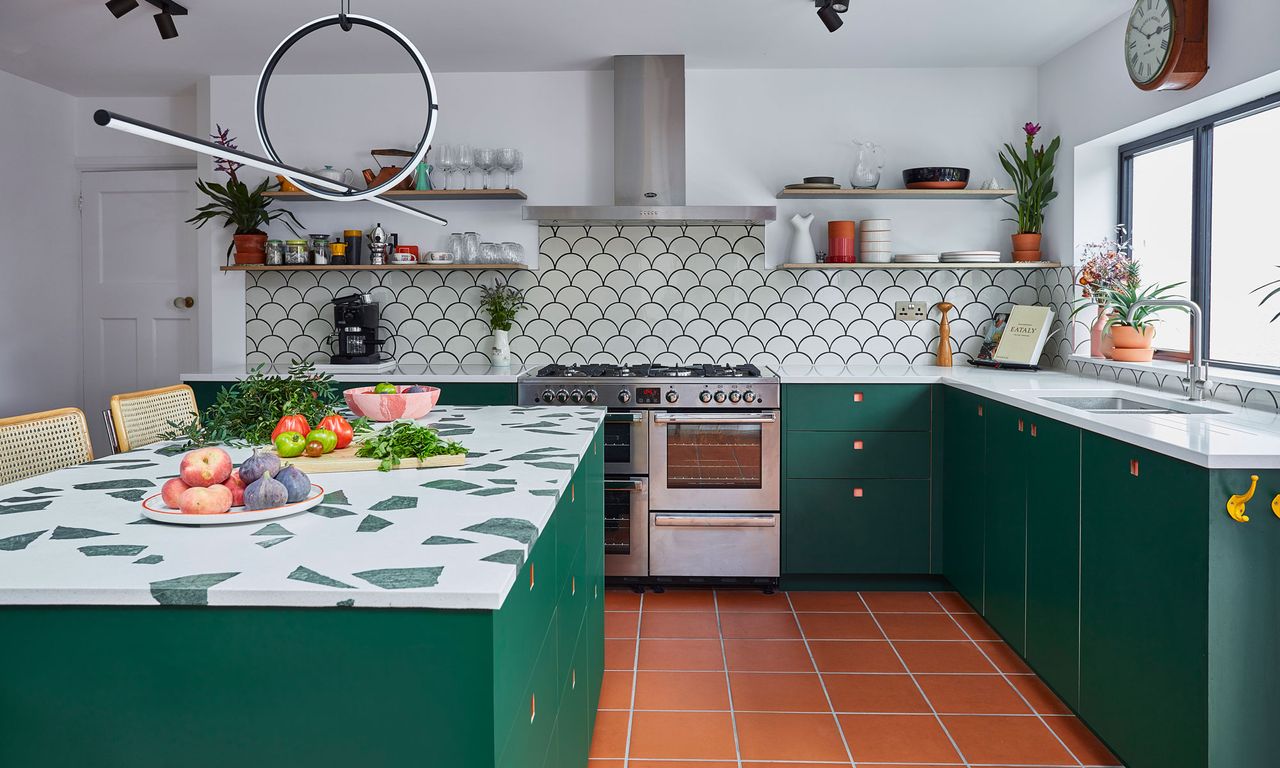 kitchen room with tiled flooring and green kitchen countertops