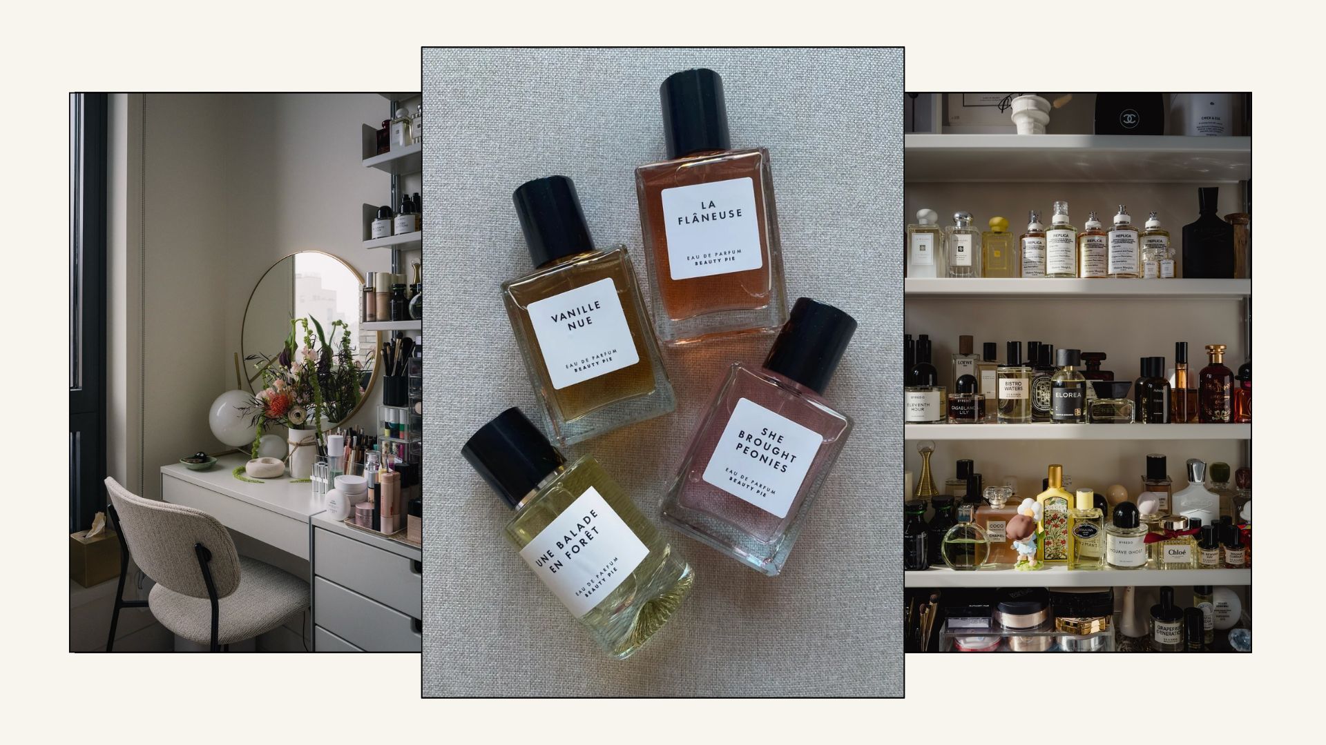 A picture of a dressing room filled with perfumes and a picture of Beauty Pie perfumes on a linen cushion