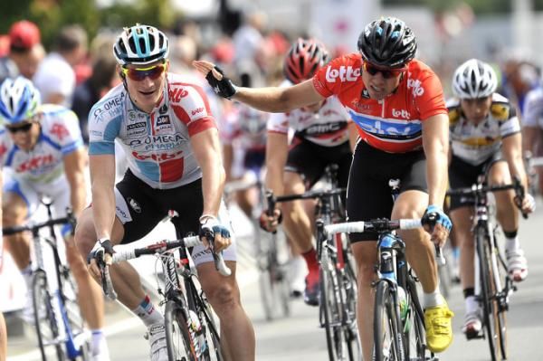 Sky's Edvald Boasson Hagen congratulates stage winner Andre Greipel.