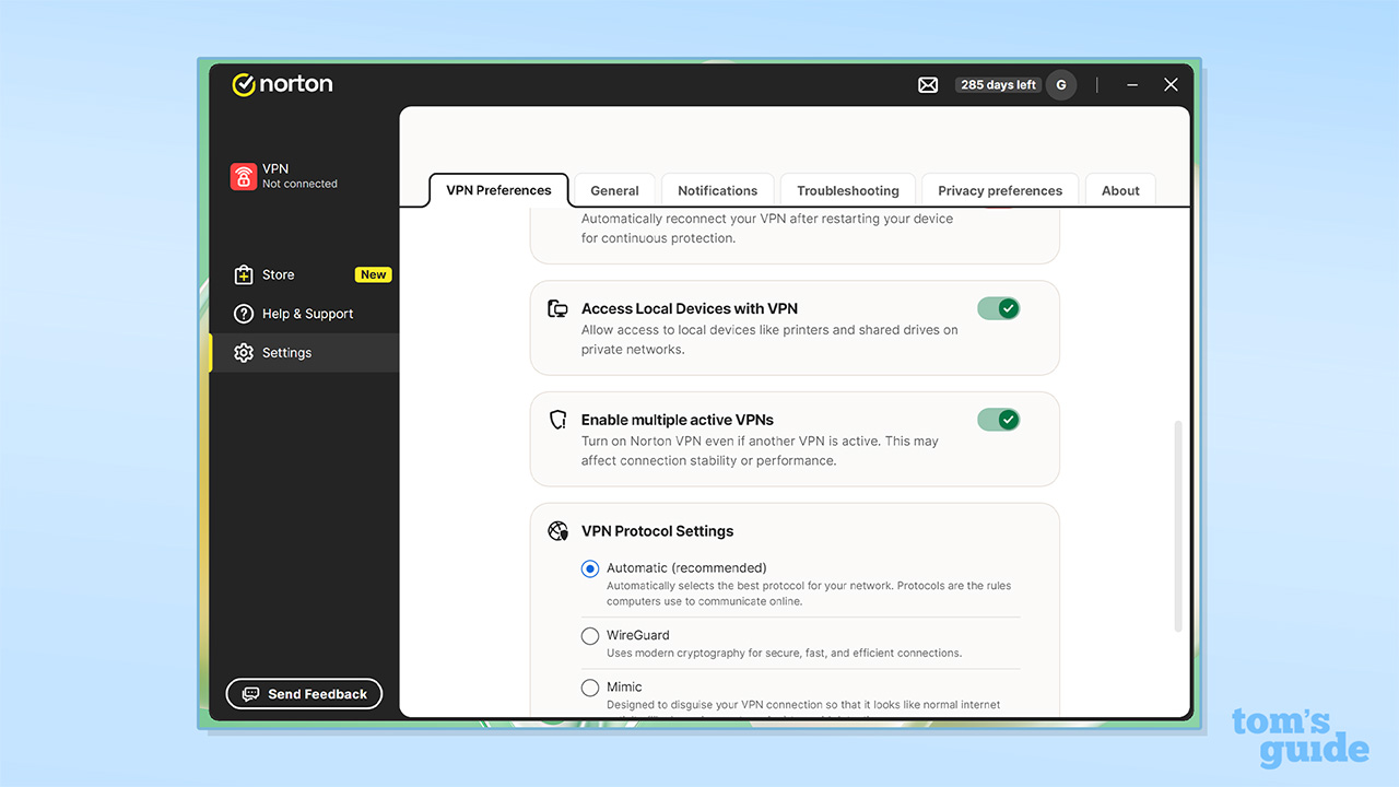 Norton VPN setting screenshot