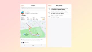 Screenshots of a route and the privacy settings in the Strava app