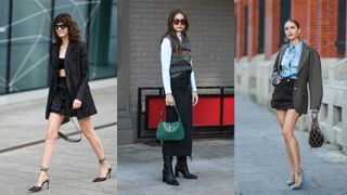 A composite of street style influencers showing how to style a black denim skirt