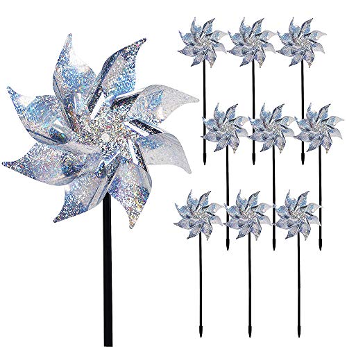 Hausse 10 Pack Reflective Pinwheels With Stakes (assembly Required), Extra Sparkly Pin Wheel for Garden Decor, Bird Repellent Devices Deterrent to Scare Birds Away From Yard Patio Farm