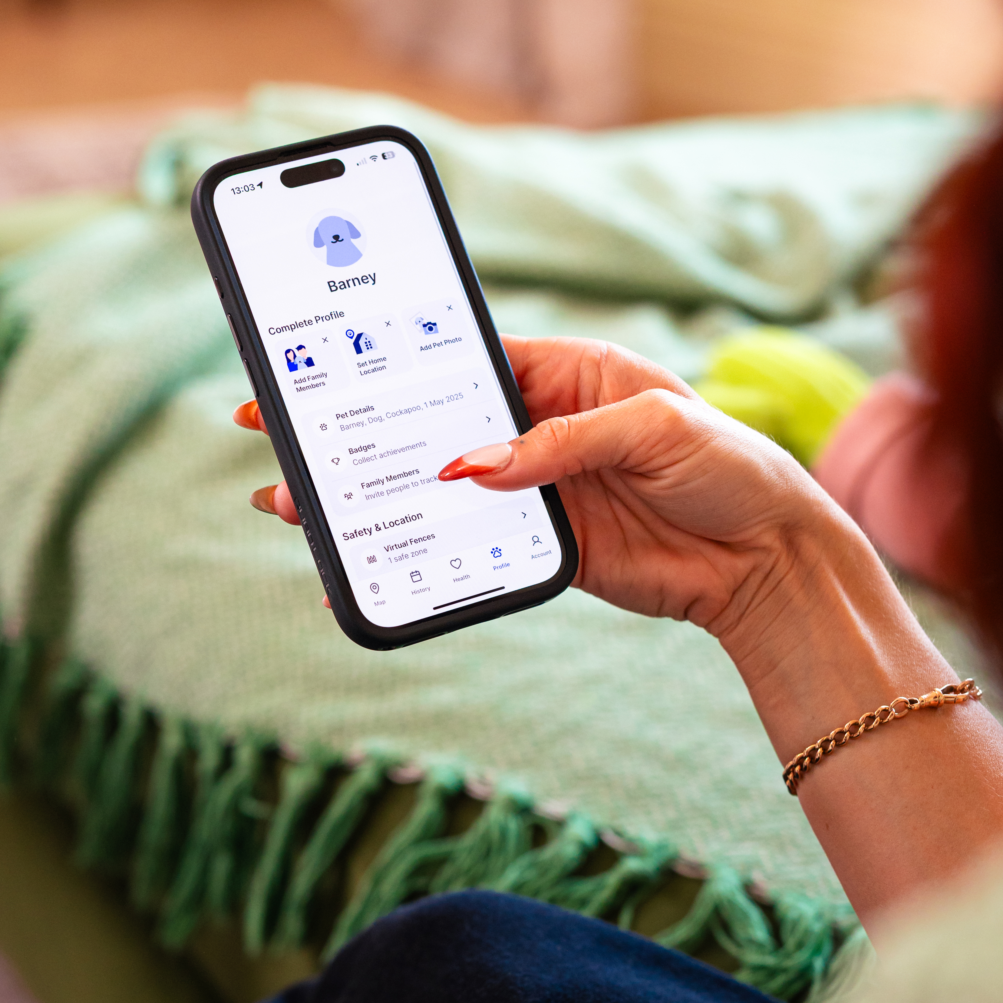 Hand holding phone looking at pet care app