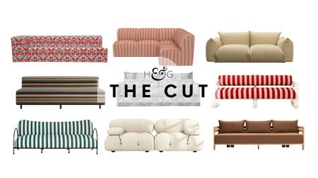 Chic outdoor sofas, spanning patterned, sculptural, and ultra-stuffed styles, pictured against a white background