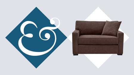 Chocolate brown Macy's 'chair bed' pictured on a checkered Homes & Gardens logo background