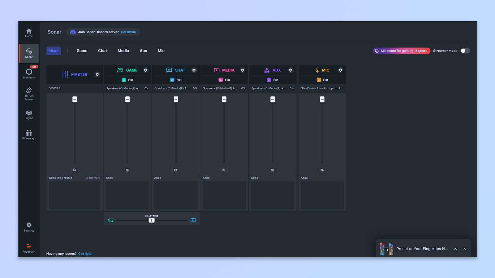 Ein Screenshot der SteelSeries Sonar-App, der das virtuelle Mischpult, den EQ und die Voreinstellungen zeigt