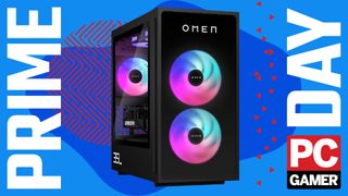 A HP Omen 35L gaming PC on a custom PC Gamer Prime Day background.