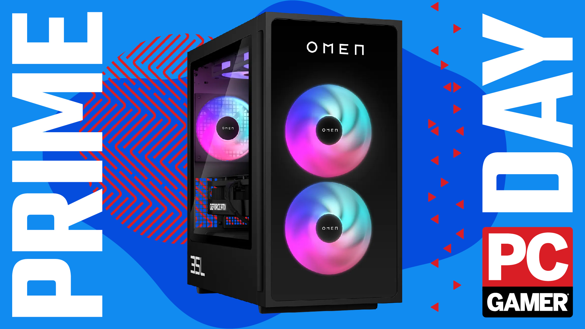 A HP Omen 35L gaming PC on a custom PC Gamer Prime Day background.