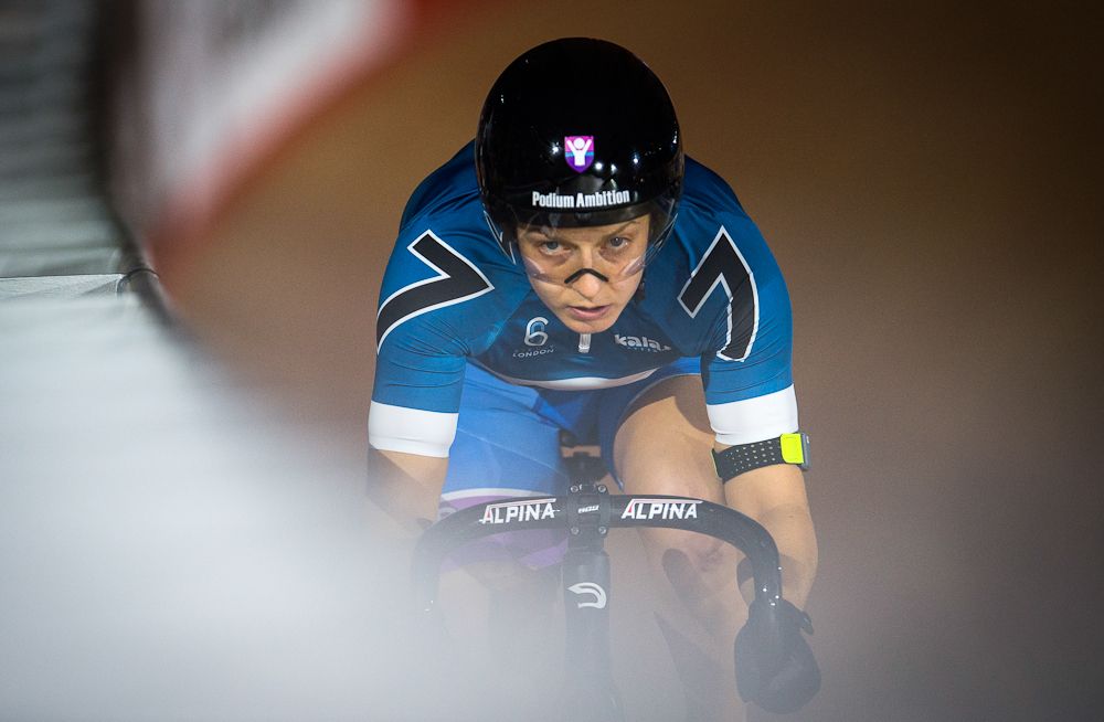 Neah Evans of Great Britain competes in the womens sprint during the Six Day London Cycling at the Velodrome