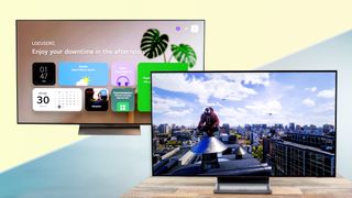 A side-by-side composite of the LG C6 and the Samsung S90H OLED TVs
