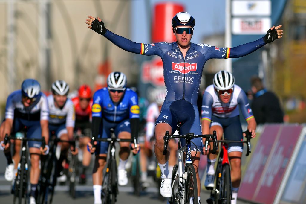 KOKSIJDE BELGIUM MARCH 19 Arrival Tim Merlier of Belgium and Team AlpecinFenix Celebration Mads Pedersen of Denmark and Team Trek Segafredo Florian Senechal of France and Team Deceuninck QuickStep during the 19th Bredene Koksijde Classic 2021 a 199km race from Bredene to Koksijde BredeneKoksijde on March 19 2021 in Koksijde Belgium Photo by Luc ClaessenGetty Images