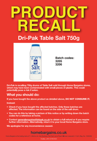 Dri-Pak table salt 750g recalled from Home Bargains
