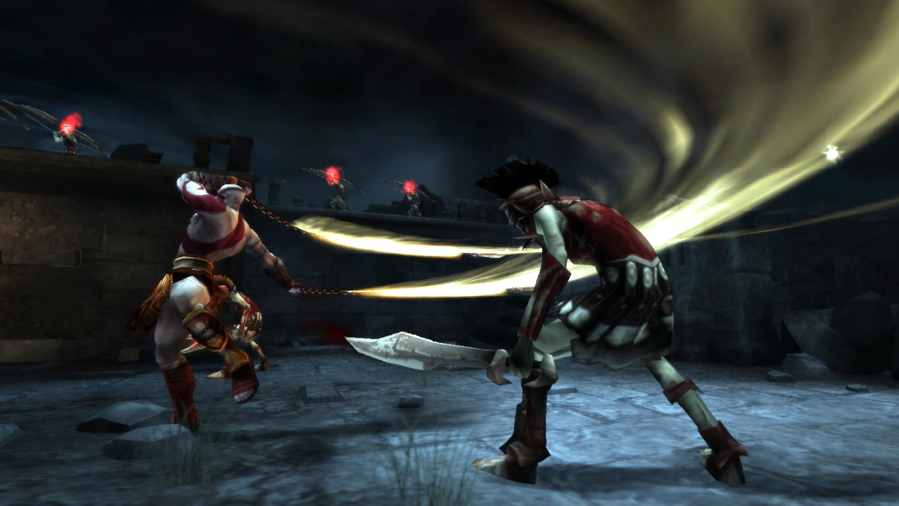 Kratos uses the vortex attack on a zombie-like enemy in God of War: Ghost of Sparta