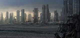 This matte painting by Neil Miller, VFX art director on Dredd, was one of the main establishing shots of Mega-City One. It was done in Photoshop over provided CGI