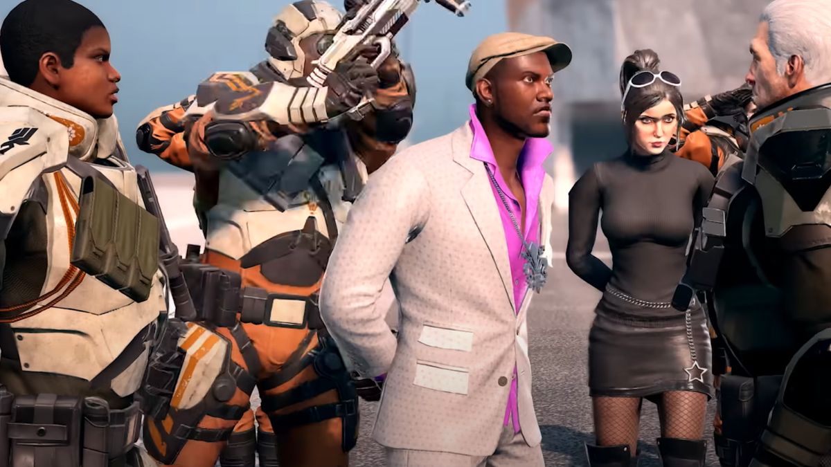 Saints Row The Third Remastered - Five characters arguing amongst themselves, the one in the middle looks on as another creeps up with a gun to knock him out. 