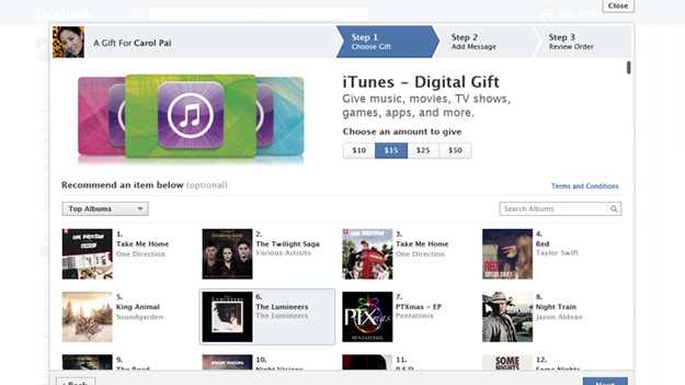 Facebook Gifts now offering iTunes cards