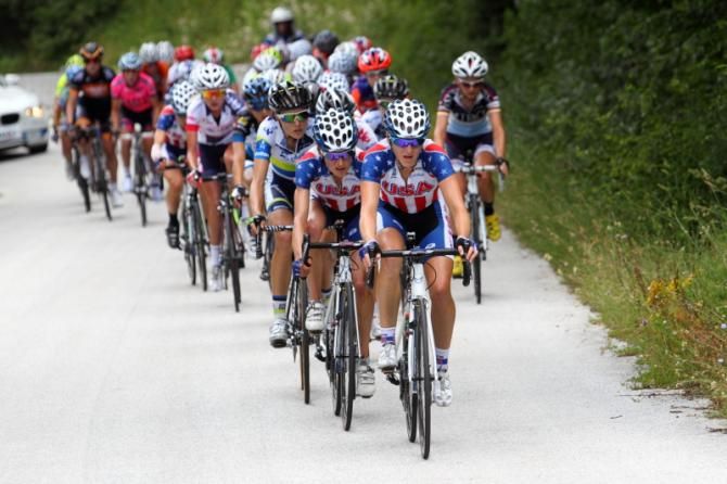 Kristin McGrath (United States) leads the chasing bunch and team-mate, Mara Abbott, another GC hopeful with 20km to go