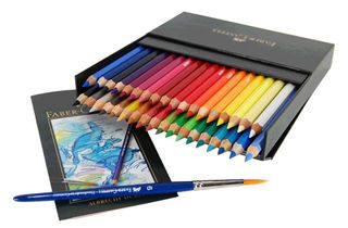 Best pencils: Box of Albrecht Dürer watercolor pencils, with watercolour brushes and an artwork