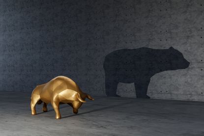 A statue of a bull with a shadow that looks like a bear, indicating the state of the stock market.