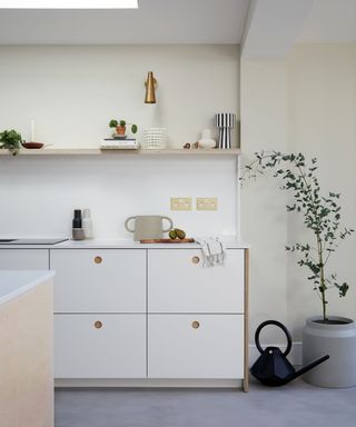 White kitchen with slab cabinet doors and integrated handles