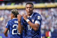 Kylian Mbappe of France celebrates scoring his team's first goal during the World Cup 2026 Group I match between France and Senegal at New York New Jersey Stadium on June 16, 2026 in East Rutherford
