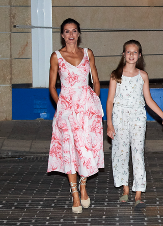 Queen Letizia of Spain, Princess Leonor of Spain, Queen Sofia, Princess Sofia of Spain and King Felipe VI of Spain leave 'Ola de Mar' restaurant after a family dinner on August 04, 2019 in Palma de Mallorca, Spain