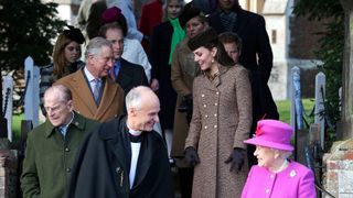 Queen Elizabeth II leaves church with Prince William, Duke of Cambridge, Catherine, Duchess of Cambridge, Prince Philip, Duke of Edinburgh, Prince Charles, Prince of Wales and Prince Harry during the Christmas Day church service