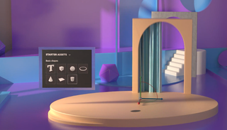 Webinar screen with 3D design tool pop up in front of a 3D designed room, with archway, on central circular platform, and white stairs in background
