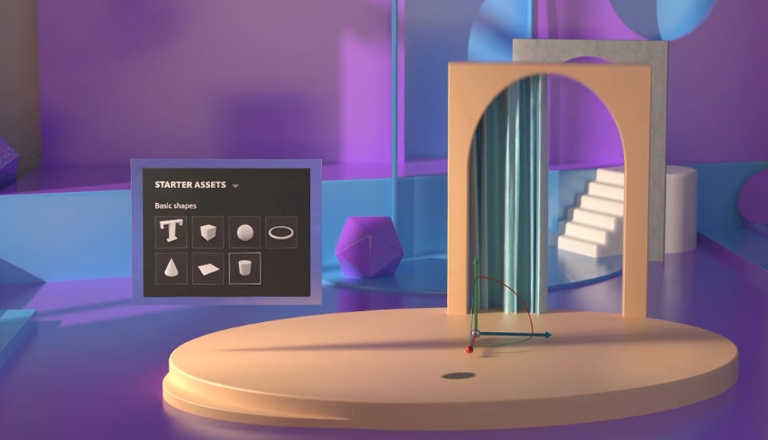 Webinar screen with 3D design tool pop up in front of a 3D designed room, with archway, on central circular platform, and white stairs in background