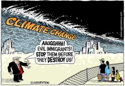 Political cartoon U.S. Trump border wall migrant caravan climate change denial