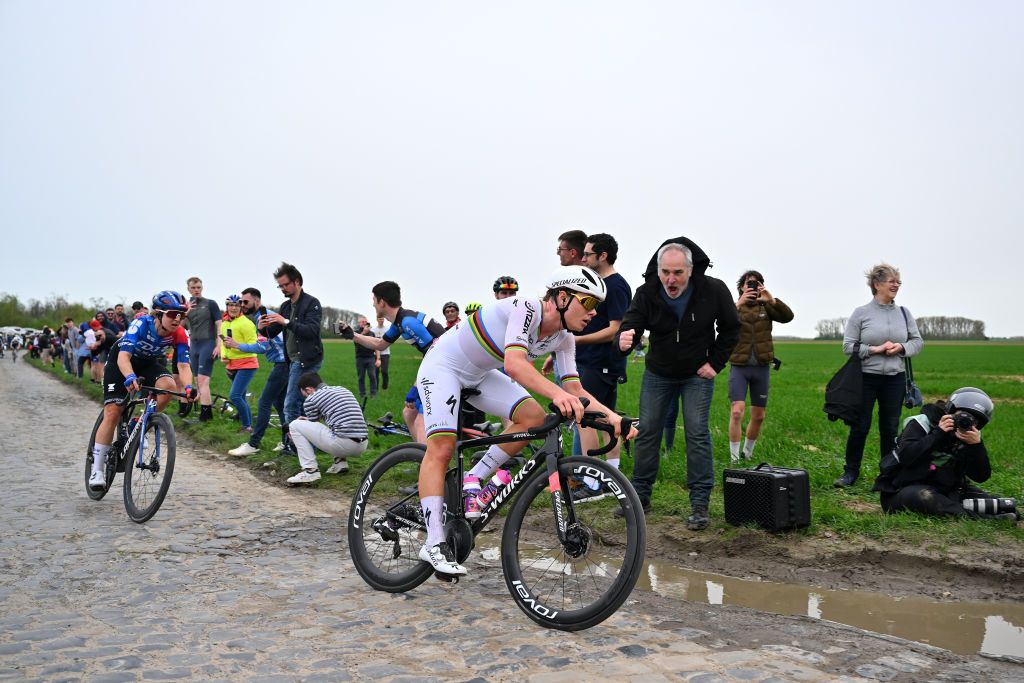 ROUBAIX FRANCE APRIL 06 Lotte Kopecky of Belgium and Team SD Worx Protime competes passing through the Carrefour de lArbre cobblestones sector during the 4th ParisRoubaix Femmes 2024 a 1485km one day race from Denain to Roubaix on UCIWWT April 06 2024 in Roubaix France Photo by Luc ClaessenGetty Images