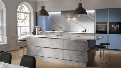 Milano kitchen in blue and silver, Wren Kitchens