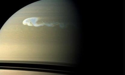 A massive storm is brewing on Saturn, and thanks to NASA's Cassini spacecraft, earthlings can get a feel for its shocking size.