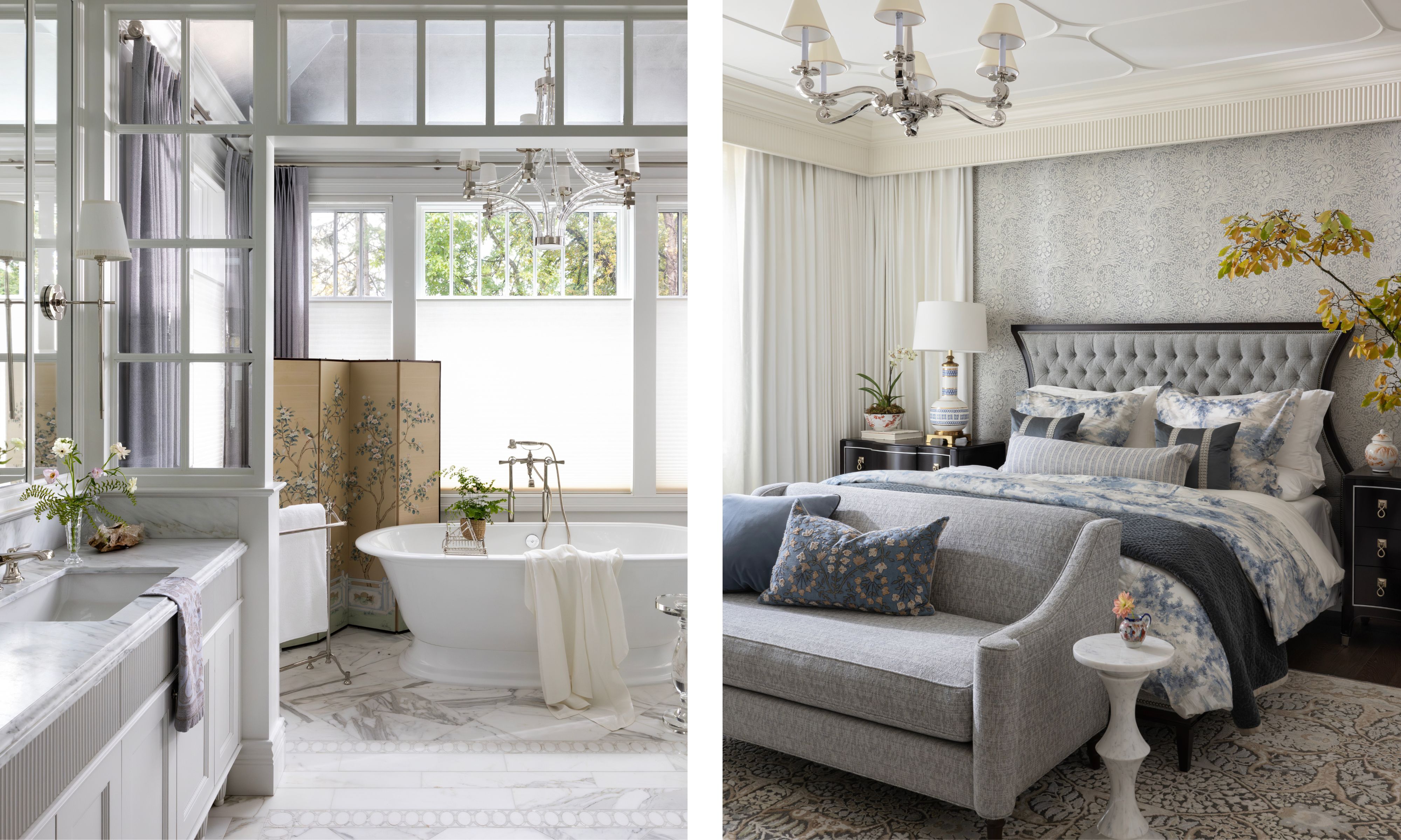 primary bedroom and bathroom in a tudor revival home by Kelly Deck