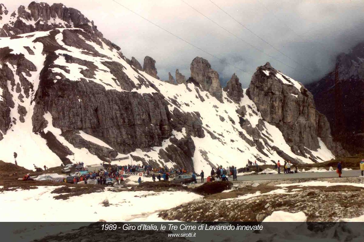 The Tre Cime di Lavaredo climb covered in snow during the 1989 Giro d'Italia