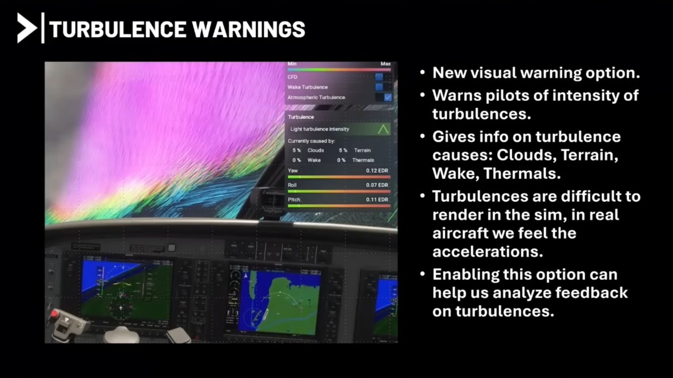 A screenshot from the Microsoft Flight Simulator 2024 presentation at FSExpo 2026 detailing new turbulence warnings coming with Sim Update 6.