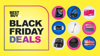 Collage of tech products from the Best Buy Black Friday Doorbusters sale, including TVs, laptops, vacuums, appliances, headphones and games consoles.