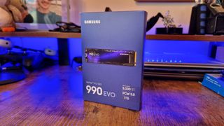 Samsung 990 EVO box in front of Blue lighting
