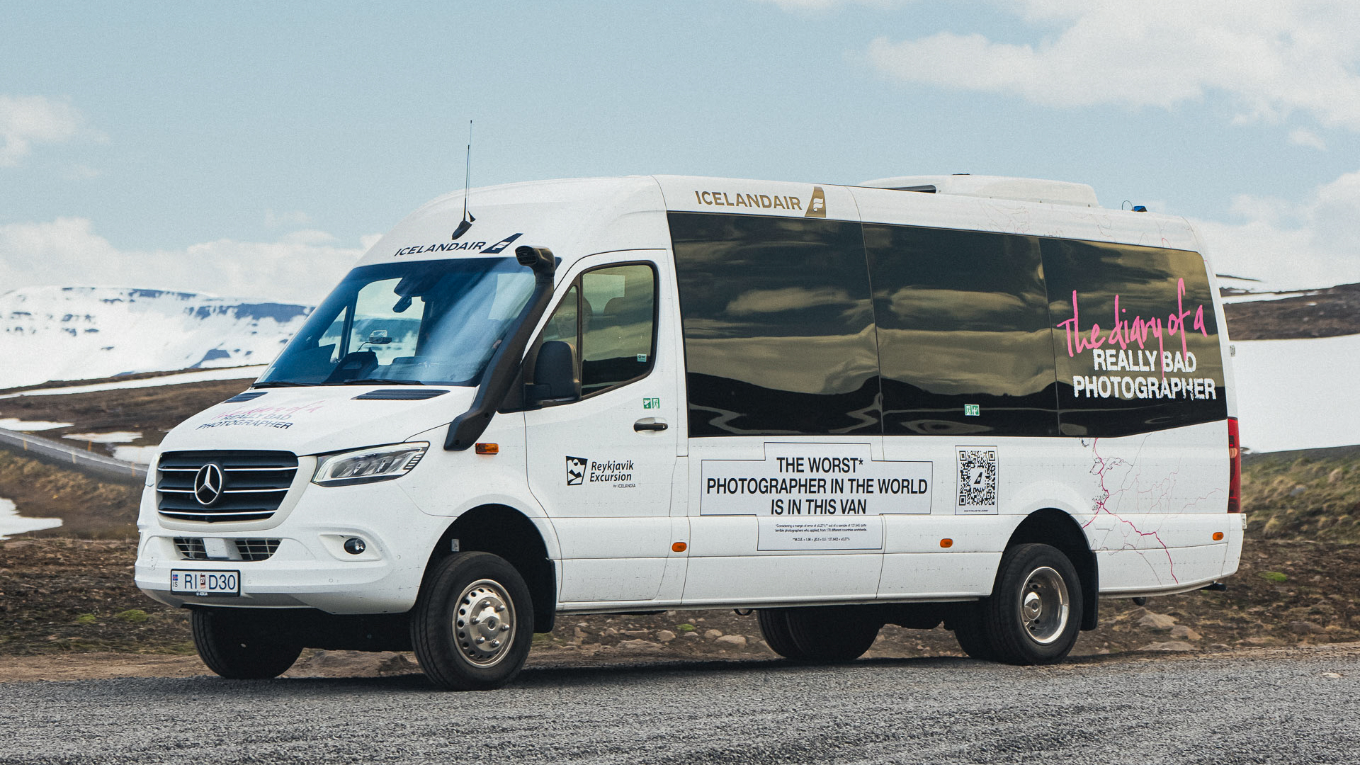 Van with &amp;quot;The World's Worst Photographer in the World is in the van&amp;quot; written along the side in Iceland