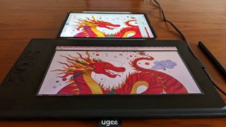 Ugee UE12 Plus review; a dragon illustration on a drawing tablet display