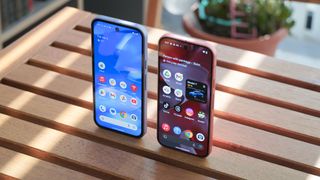 The Google Pixel 9a in Iris compared to the Pixel 9 in Peony.