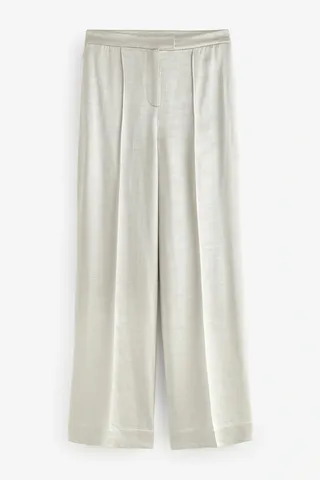 Silver Satin Textured Metallic Wide Leg Trousers