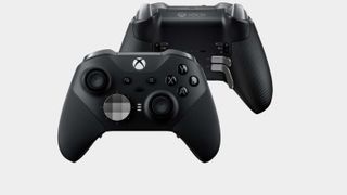 Two Xbox Elite Wireless Controller Series 2 pads on a grey background.