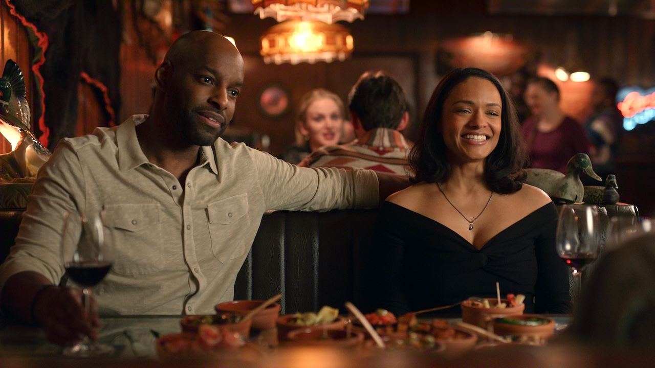 preacher and kaia smiling at jack's bar on virgin river season 7