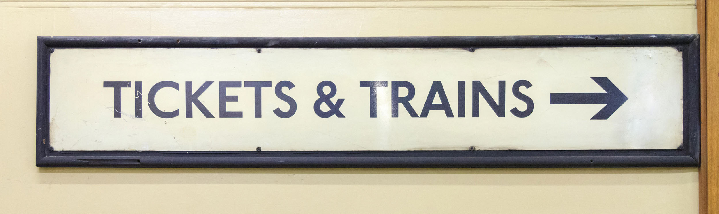 Tickets and Trains, vintage old underground train sign with health and safety first aid box, Aldwych Tube Station Subway, London