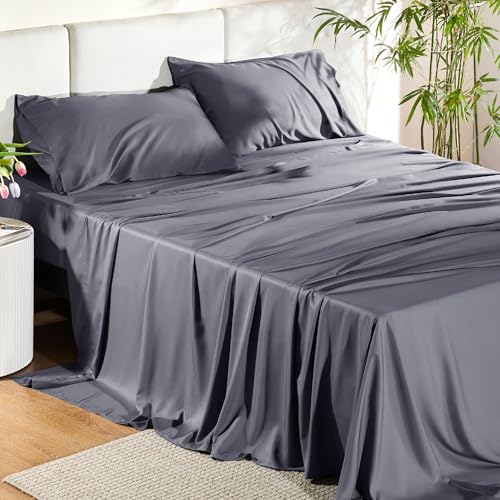 Bedsure Queen Sheet Set, Cooling Sheets for Queen Size Bed Set, Rayon Derived From Bamboo, Breathable & Soft, Deep Pocket Up to 16 Inches, Hotel Luxury Silky Bedding for Hot Sleepers, Dark Grey