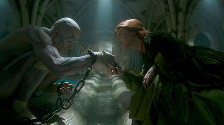 Jacob Elordi as the Creature and Mia Goth as Elizabeth in Frankenstein