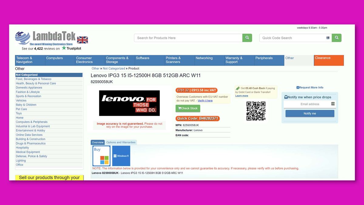Listing for a laptop with Intel Arc A370M GPU in the US and UK