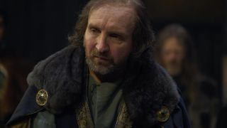 Eddie Marsan in a dark fur cloak as Uther in The Winter King.